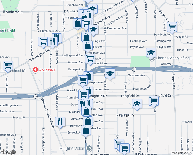 map of restaurants, bars, coffee shops, grocery stores, and more near 57 Ruspin Avenue in Buffalo