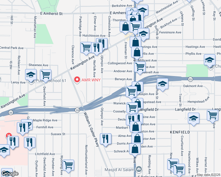 map of restaurants, bars, coffee shops, grocery stores, and more near in Buffalo