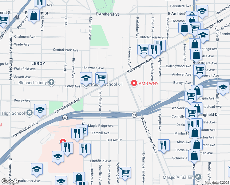map of restaurants, bars, coffee shops, grocery stores, and more near 91 Mendola Avenue in Buffalo