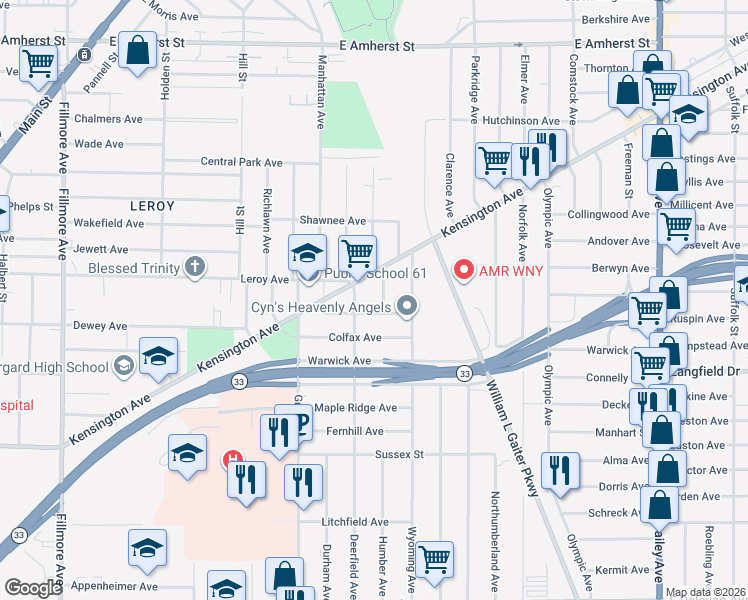 map of restaurants, bars, coffee shops, grocery stores, and more near 53 Mendola Avenue in Buffalo