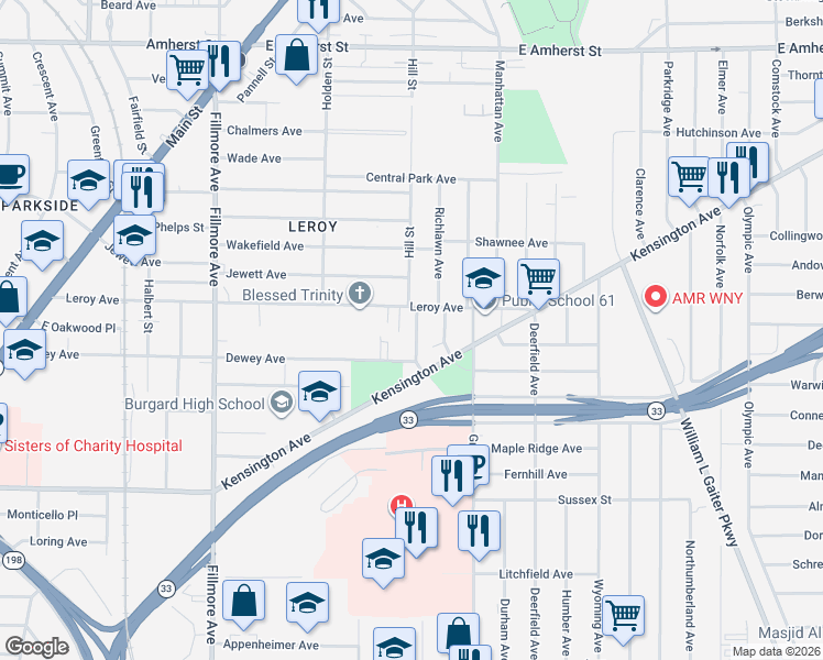 map of restaurants, bars, coffee shops, grocery stores, and more near 25 Castle Place in Buffalo