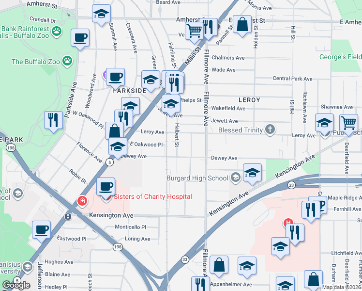 map of restaurants, bars, coffee shops, grocery stores, and more near 158 Dewey Avenue in Buffalo