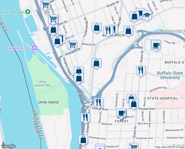 map of restaurants, bars, coffee shops, grocery stores, and more near 72 Tonawanda Street in Buffalo