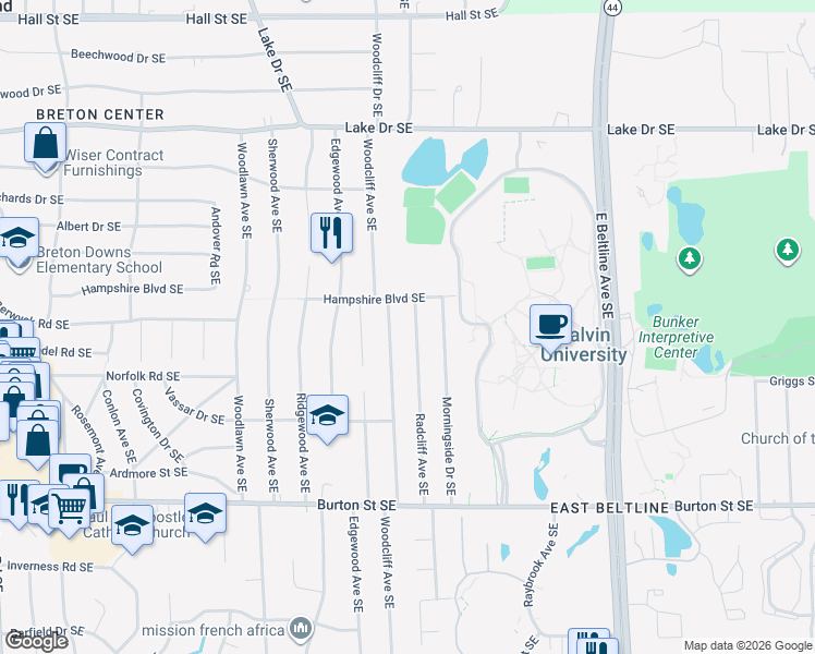 map of restaurants, bars, coffee shops, grocery stores, and more near 1728 Woodcliff Avenue Southeast in Grand Rapids