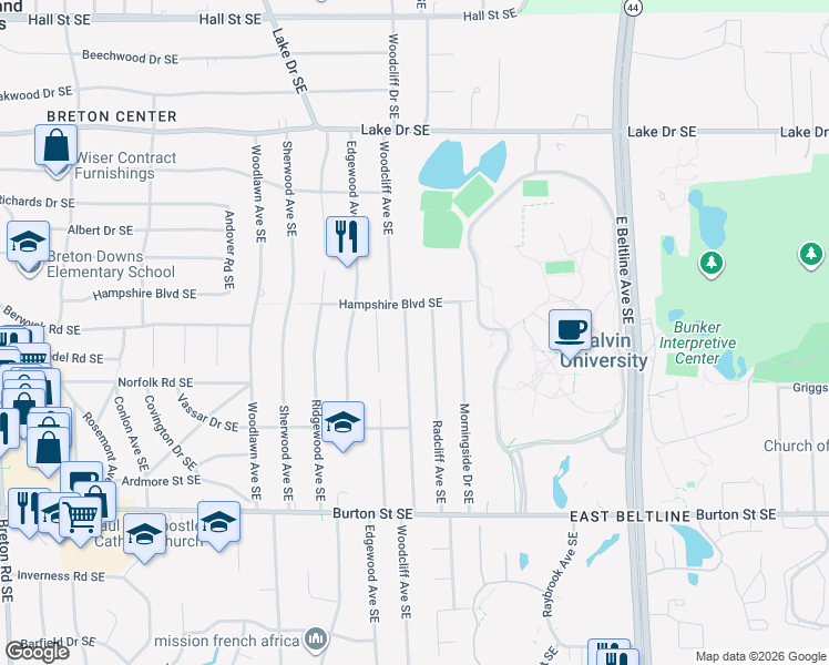 map of restaurants, bars, coffee shops, grocery stores, and more near 1728 Woodcliff Avenue Southeast in Grand Rapids