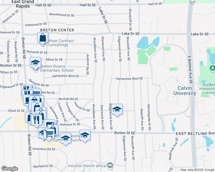 map of restaurants, bars, coffee shops, grocery stores, and more near 1731 Ridgewood Avenue Southeast in Grand Rapids