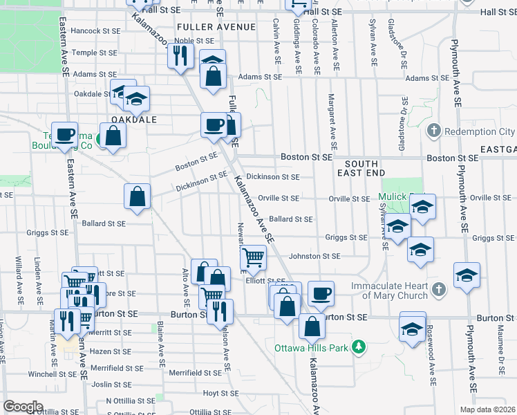 map of restaurants, bars, coffee shops, grocery stores, and more near 1236 Ballard Street Southeast in Grand Rapids