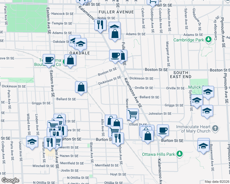 map of restaurants, bars, coffee shops, grocery stores, and more near 1741 Nelson Avenue Southeast in Grand Rapids