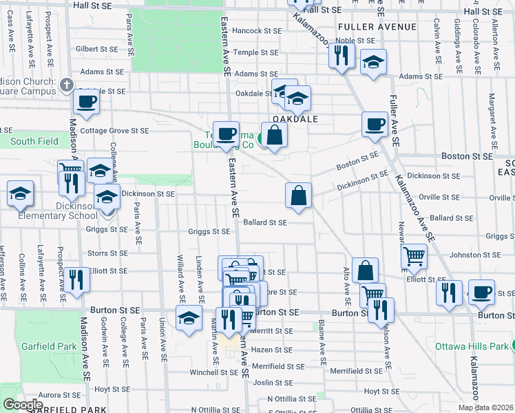 map of restaurants, bars, coffee shops, grocery stores, and more near 835 Ballard Street Southeast in Grand Rapids