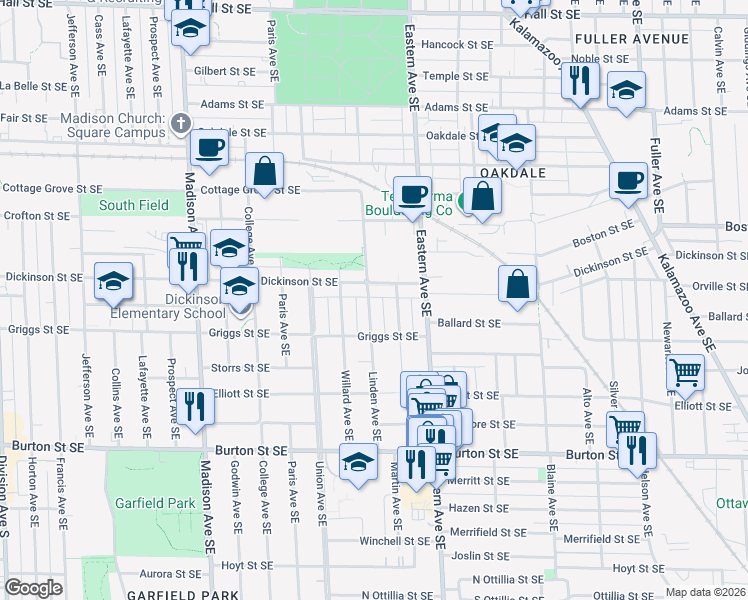 map of restaurants, bars, coffee shops, grocery stores, and more near 1737 Martin Avenue Southeast in Grand Rapids
