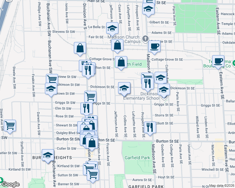 map of restaurants, bars, coffee shops, grocery stores, and more near 1745 Jefferson Avenue Southeast in Grand Rapids
