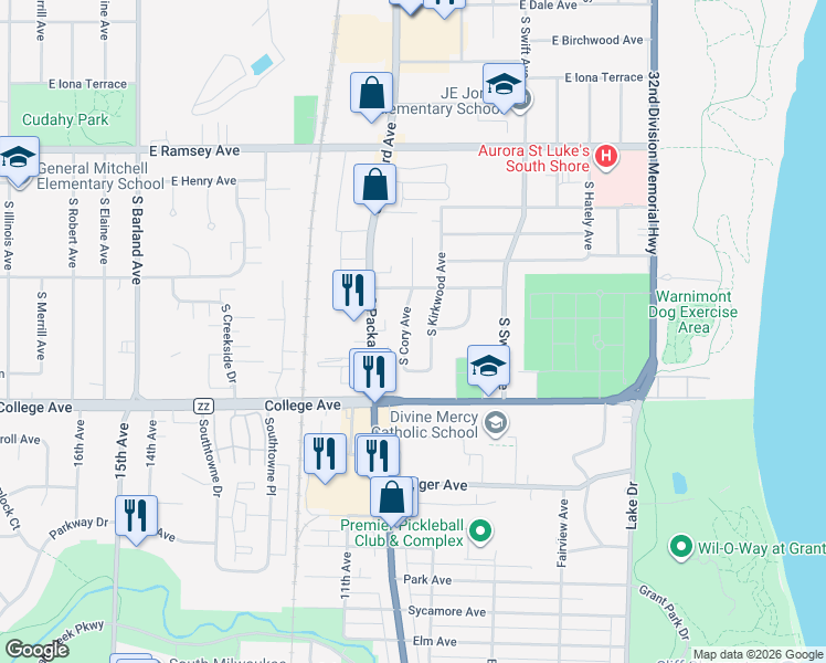 map of restaurants, bars, coffee shops, grocery stores, and more near 6216 South Cory Avenue in Cudahy