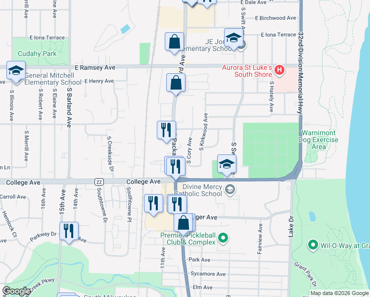 map of restaurants, bars, coffee shops, grocery stores, and more near 6216 South Cory Avenue in Cudahy