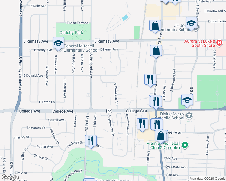 map of restaurants, bars, coffee shops, grocery stores, and more near 6205 South Creekside Drive in Cudahy