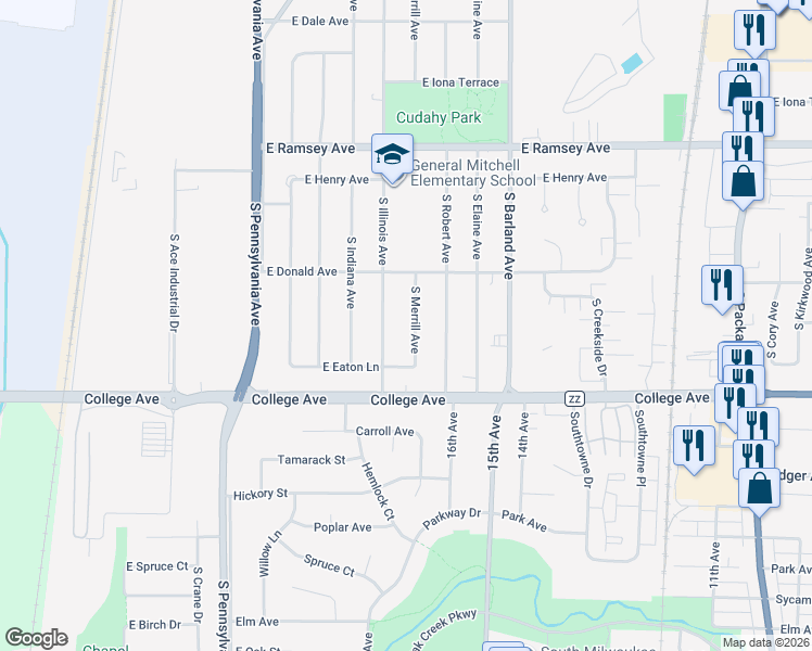 map of restaurants, bars, coffee shops, grocery stores, and more near 6214 South Illinois Avenue in Cudahy