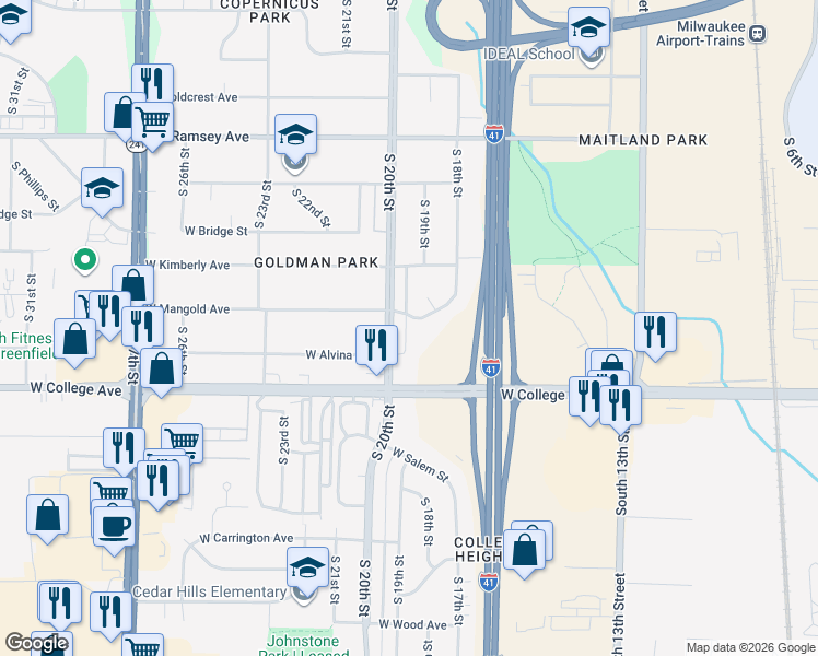 map of restaurants, bars, coffee shops, grocery stores, and more near 6244 South 20th Street in Milwaukee