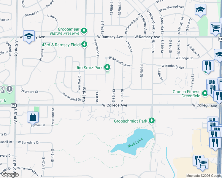 map of restaurants, bars, coffee shops, grocery stores, and more near 6215 South 39th Street in Greenfield