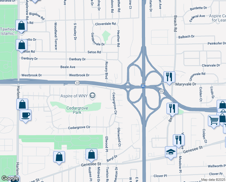 map of restaurants, bars, coffee shops, grocery stores, and more near 31 Sandstone Drive in Cheektowaga