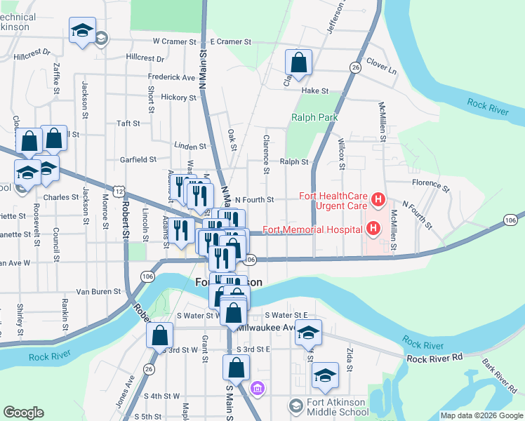 map of restaurants, bars, coffee shops, grocery stores, and more near 306 Clarence Street in Fort Atkinson