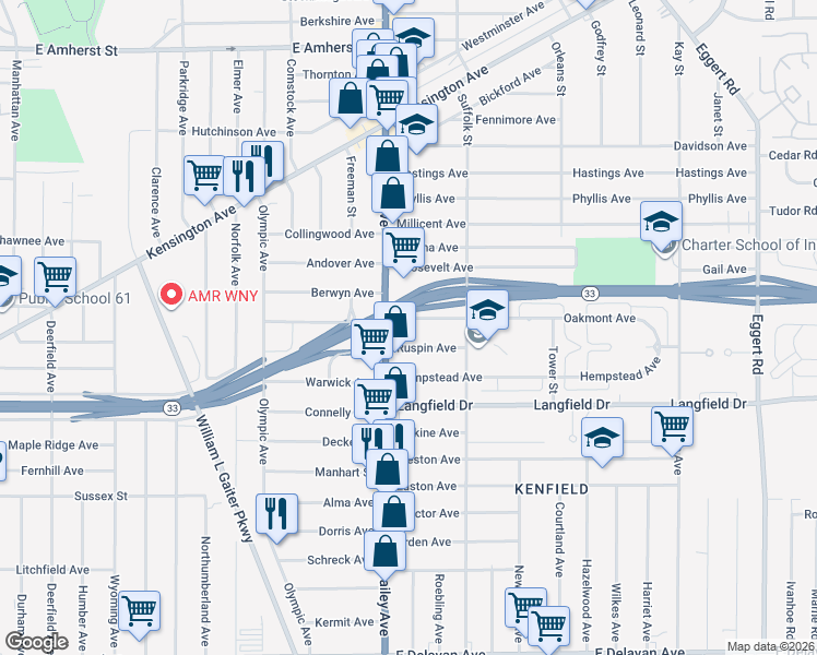 map of restaurants, bars, coffee shops, grocery stores, and more near 19 Ruspin Avenue in Buffalo