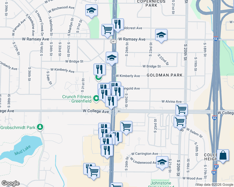 map of restaurants, bars, coffee shops, grocery stores, and more near 6225 South 27th Street in Greenfield