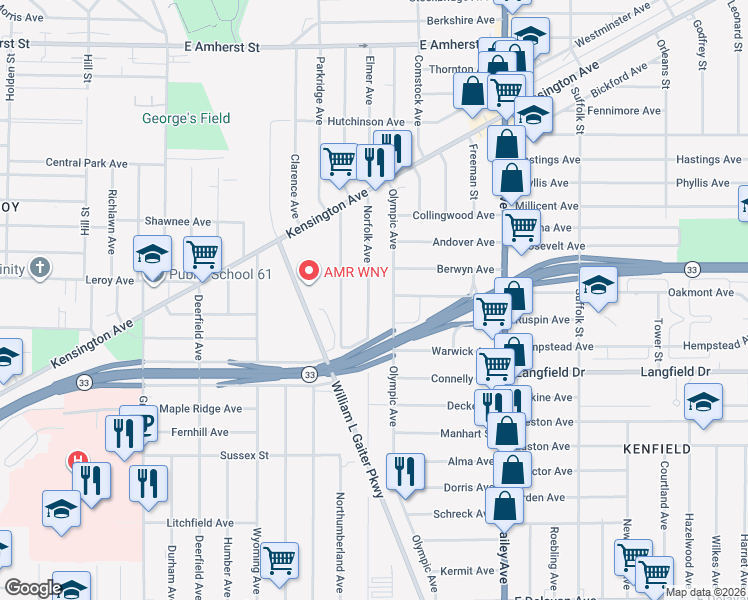 map of restaurants, bars, coffee shops, grocery stores, and more near 629 Norfolk Avenue in Buffalo