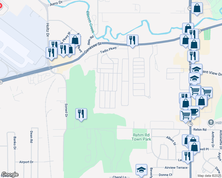map of restaurants, bars, coffee shops, grocery stores, and more near 39 Tammy Lane in Cheektowaga
