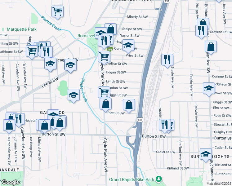 map of restaurants, bars, coffee shops, grocery stores, and more near 721 Griggs Street Southwest in Grand Rapids