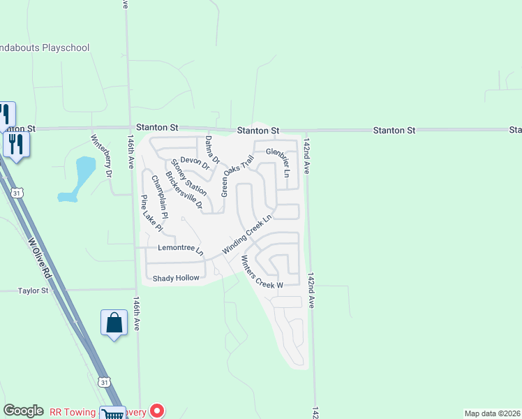 map of restaurants, bars, coffee shops, grocery stores, and more near 14265 Winters Creek East in West Olive