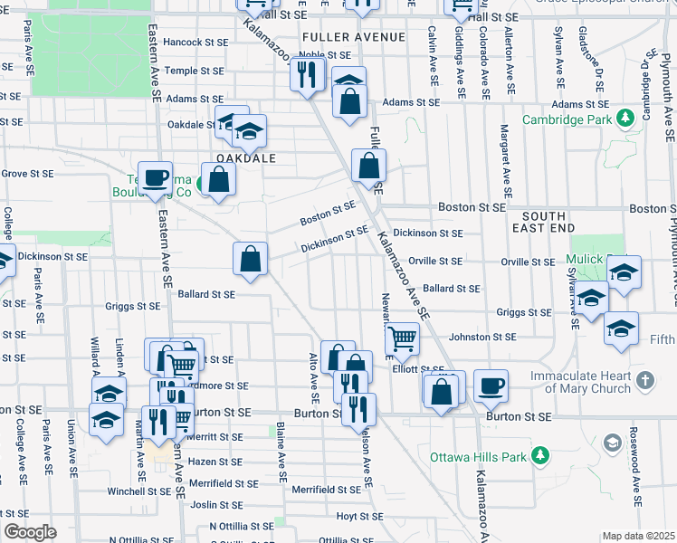 map of restaurants, bars, coffee shops, grocery stores, and more near 1759 Silver Avenue Southeast in Grand Rapids