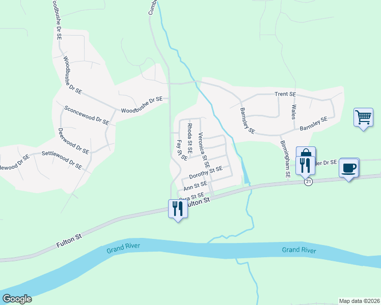 map of restaurants, bars, coffee shops, grocery stores, and more near 11287 Fay Street Southeast in Lowell