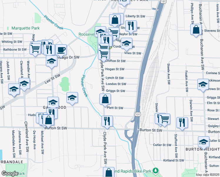 map of restaurants, bars, coffee shops, grocery stores, and more near 741 Griggs Street Southwest in Grand Rapids