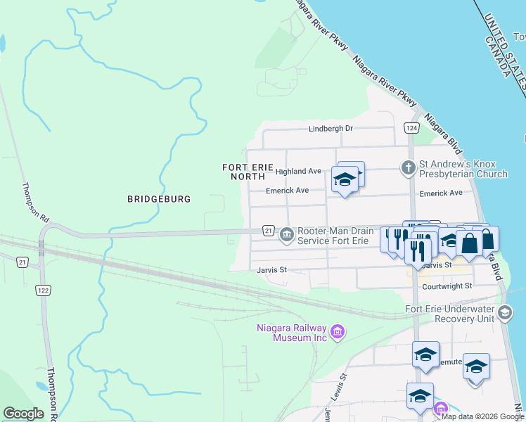 map of restaurants, bars, coffee shops, grocery stores, and more near 351 Brock Street in Fort Erie