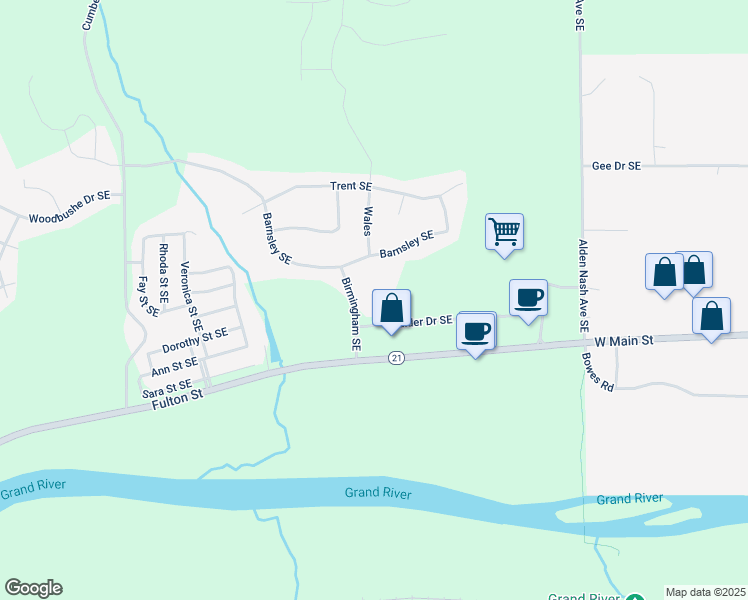 map of restaurants, bars, coffee shops, grocery stores, and more near 11443 Boulder Drive East in Lowell Township