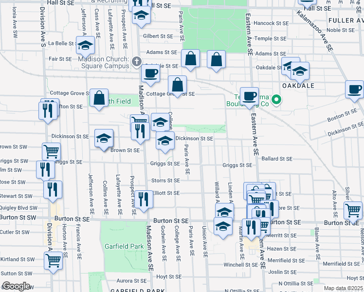 map of restaurants, bars, coffee shops, grocery stores, and more near 1738 Paris Avenue Southeast in Grand Rapids