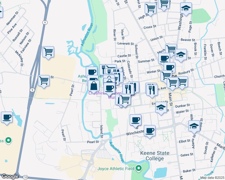 map of restaurants, bars, coffee shops, grocery stores, and more near 222 West Street in Keene
