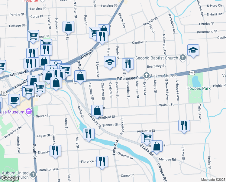 map of restaurants, bars, coffee shops, grocery stores, and more near 23 Howard Street in Auburn