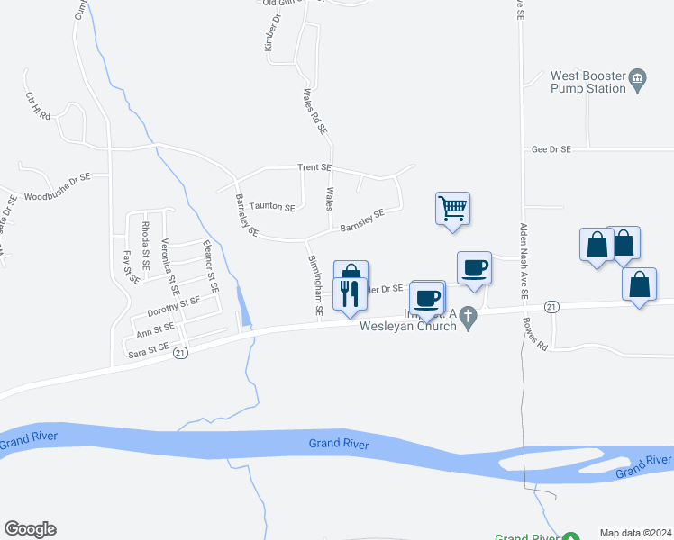 map of restaurants, bars, coffee shops, grocery stores, and more near 11521 Boulder Drive Southeast in Lowell