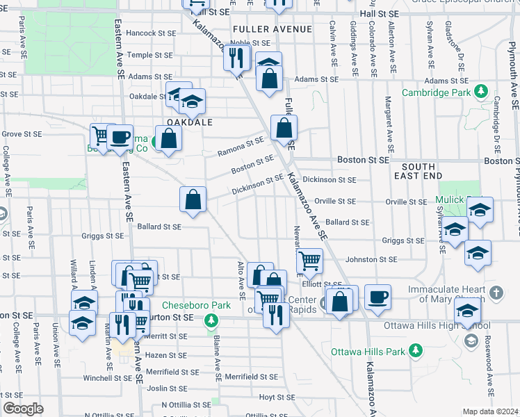 map of restaurants, bars, coffee shops, grocery stores, and more near 1759 Silver Avenue Southeast in Grand Rapids
