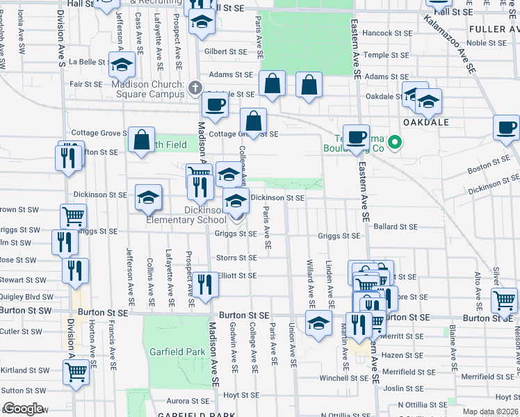 map of restaurants, bars, coffee shops, grocery stores, and more near 1738 Paris Avenue Southeast in Grand Rapids