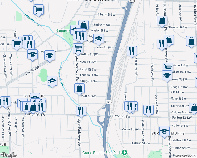 map of restaurants, bars, coffee shops, grocery stores, and more near 632 Griggs Street Southwest in Grand Rapids