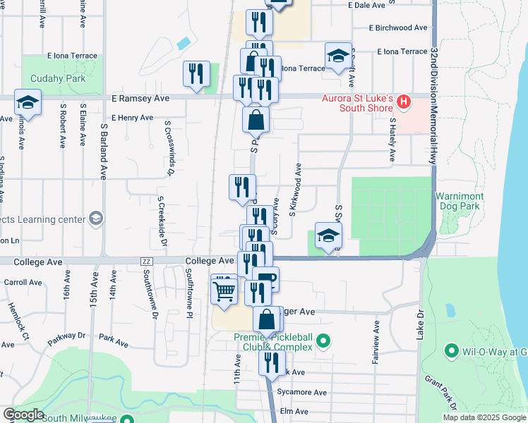 map of restaurants, bars, coffee shops, grocery stores, and more near 6230 South Packard Avenue in Cudahy