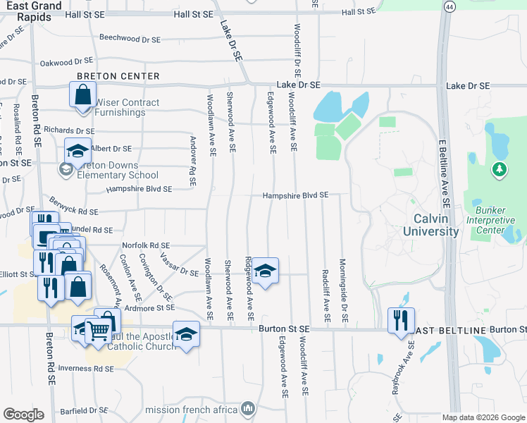 map of restaurants, bars, coffee shops, grocery stores, and more near 1731 Edgewood Avenue Southeast in Grand Rapids
