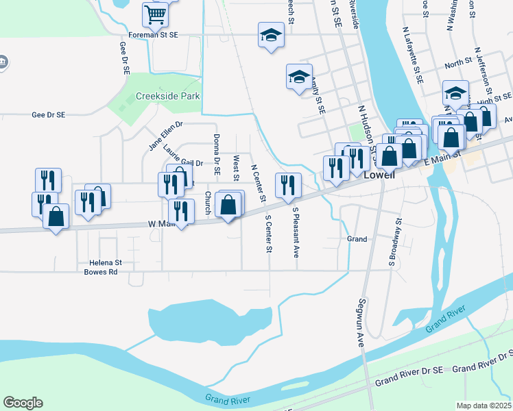 map of restaurants, bars, coffee shops, grocery stores, and more near 930 West Main Street in Lowell