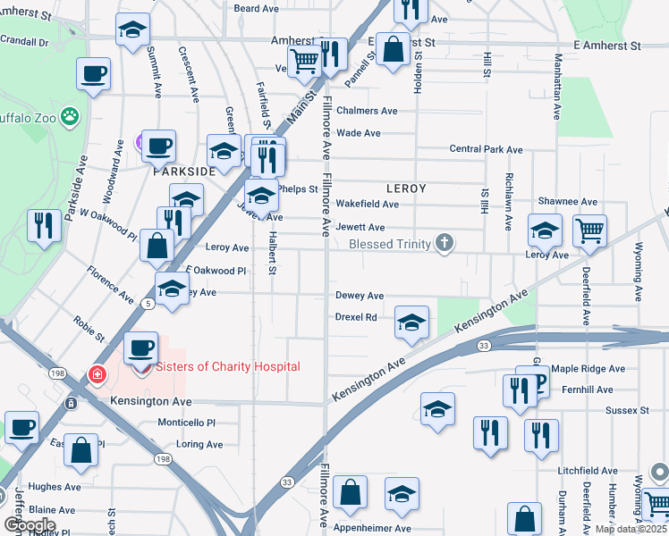 map of restaurants, bars, coffee shops, grocery stores, and more near 194 Leroy Avenue in Buffalo
