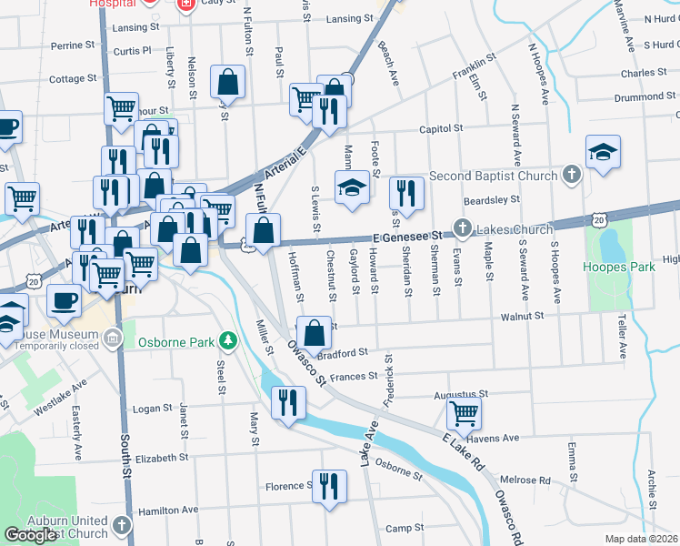 map of restaurants, bars, coffee shops, grocery stores, and more near 84 East Genesee Street in Auburn