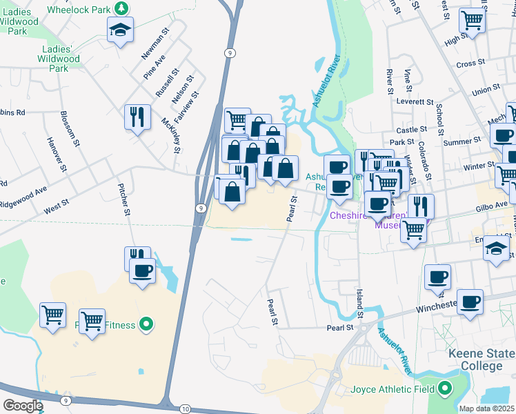 map of restaurants, bars, coffee shops, grocery stores, and more near 15 Avon Street in Keene
