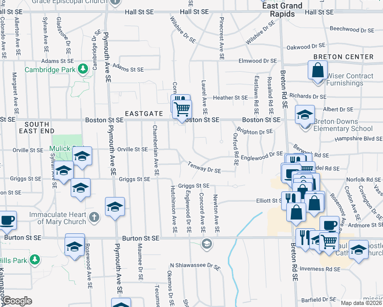 map of restaurants, bars, coffee shops, grocery stores, and more near 2052 Gorham Drive Southeast in Grand Rapids