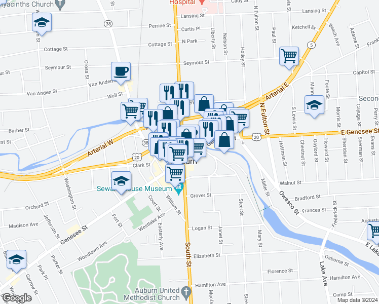 map of restaurants, bars, coffee shops, grocery stores, and more near 29 North Street in Auburn
