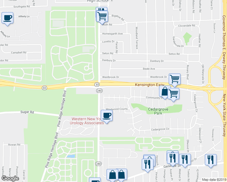 map of restaurants, bars, coffee shops, grocery stores, and more near 65 Westbrook Drive in Buffalo